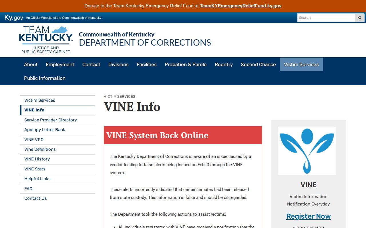 Kentucky Department of Corrections VINE information and notification instructions